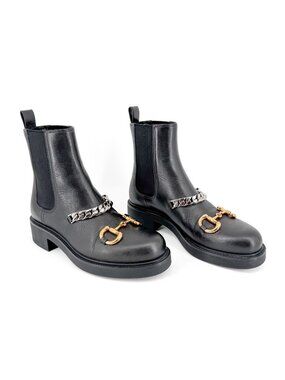 Gucci Deva Horsebit Chain Chelsea Boots Black Leather Size 39.5 US 9.5 Women’s